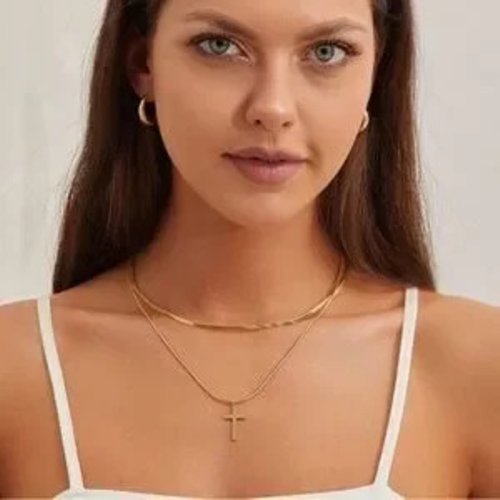 GOLD 14K Plated 2pc Cross Herringbone Necklace